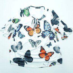 Maison Mascallier Blouse Top Women's XL White Butterfly Print Ruffled Sleeves